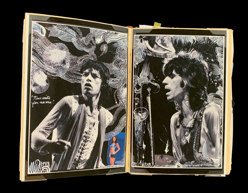 A collage featuring two black-and-white photographs of a musician, with intricate doodles and text elements.