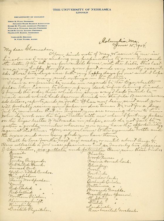 Handwritten letter, 2 pages, from Robert H. Wolcott to Frank H. Shoemaker, "Your kind note of May W carner lg(?) me in Lincoln as I was making my preparations lg(?) come here and the letter from of the 6th was forwarded lower, with the lists."