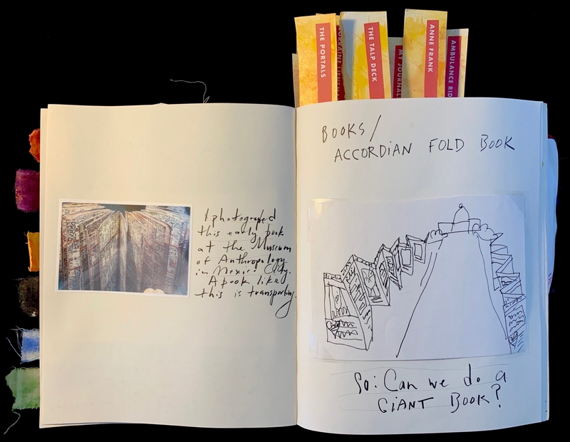 Open journal with a photo of an ancient book and a sketch of an accordion fold book.