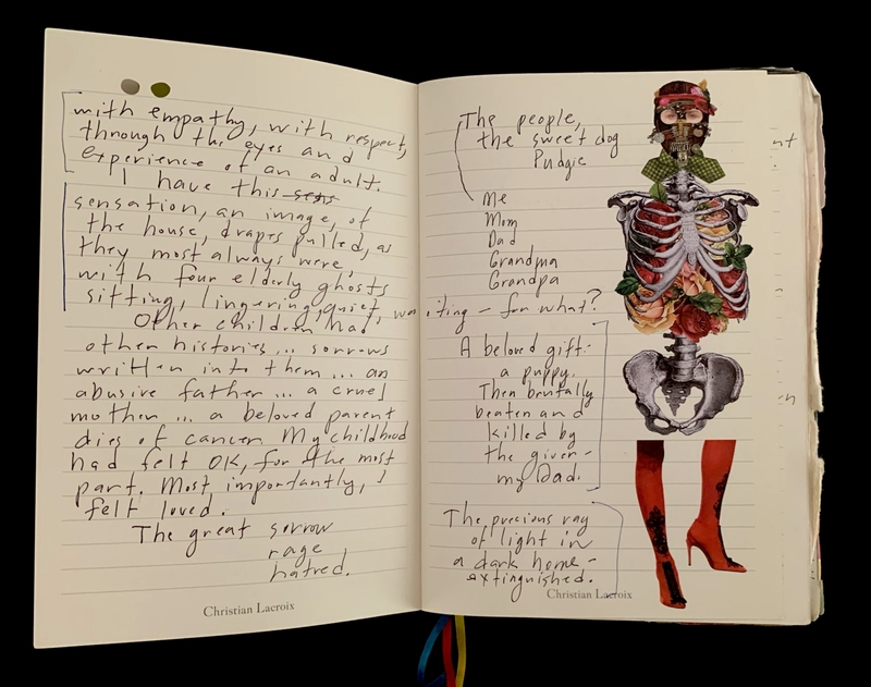 A journal open to two handwritten pages with an anatomical and floral collage on the right.