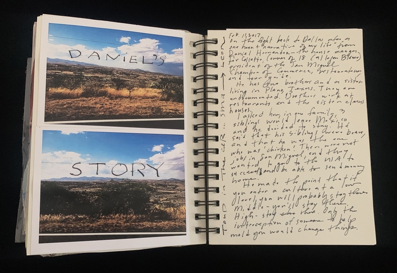 A handwritten journal entry with two landscape photographs and text overlaying them.