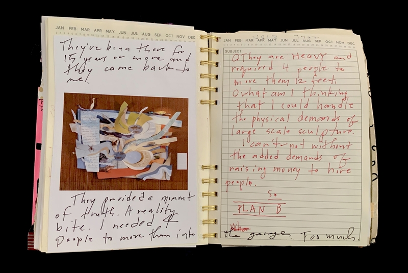 A handwritten journal entry with a photograph of a sculpture and accompanying notes.
