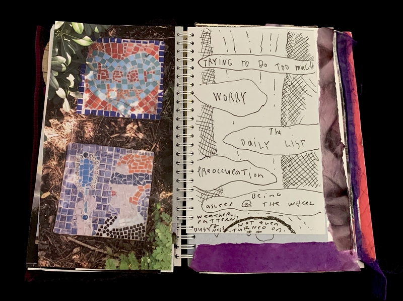 A collage page featuring a photograph of mosaic art and a handwritten list discussing various stressors and daily concerns.