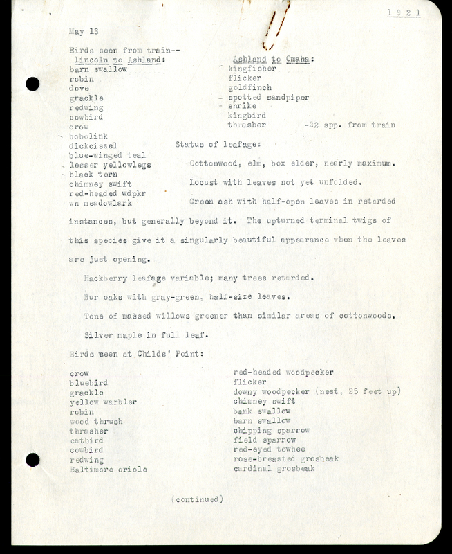 Frank H. Shoemaker typescript, 2 pages, list of birds seen from train, Lincoln, Omaha, Nebraska.