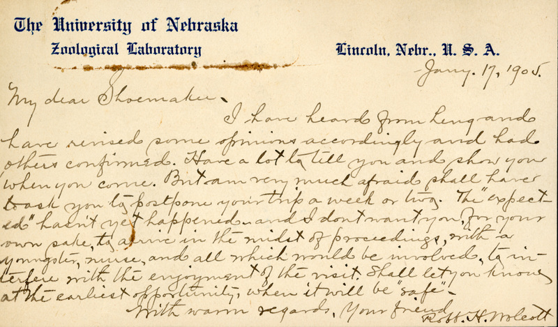 Handwritten letter, 1 page, from Robert H. Wolcott to Frank H. Shoemaker, "I have heard from Lengrand have revised some opinions accordingly and had others confirmed."