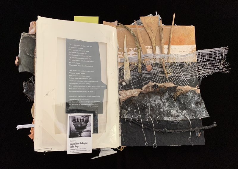 A mixed-media collage featuring a poem, a photograph, and various textured materials.