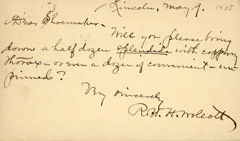 Handwritten postcard from Robert H. Wolcott to Frank H. Shoemaker, "Will you please bring down a half dozen splendid with copying..."