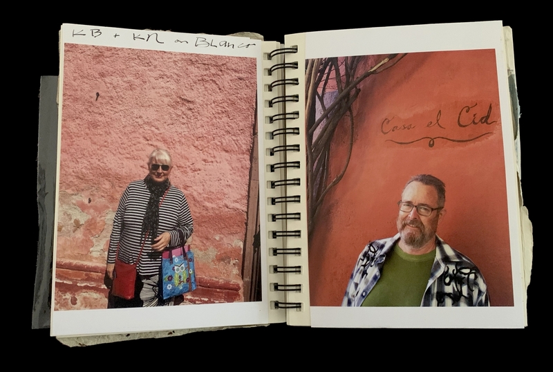 A Polaroid-style photograph album page featuring two individuals in front of vibrant red walls, with one photo labeled "Casa el Cid."