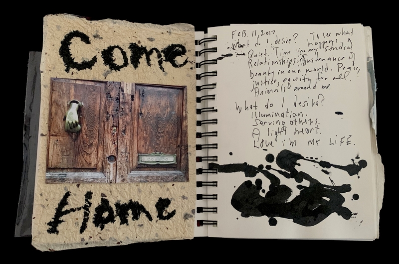 A journal page featuring a photograph of a wooden door with a knocker and a handwritten entry expressing desires and reflections.