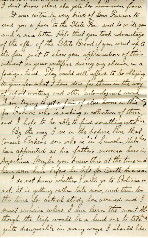 Handwritten 6 page letter from Lawrence Bruner to Marcia Bruner, "Your two letters of August 8th and 15th were awaiting me on my return from Paraguay."