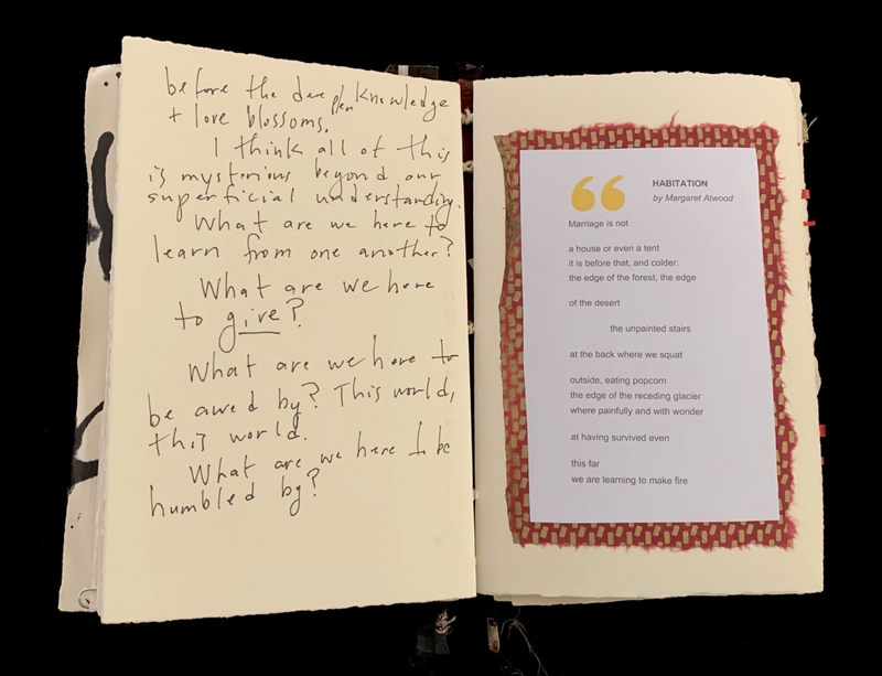 An open book with handwritten text on the left and a printed poem on the right.