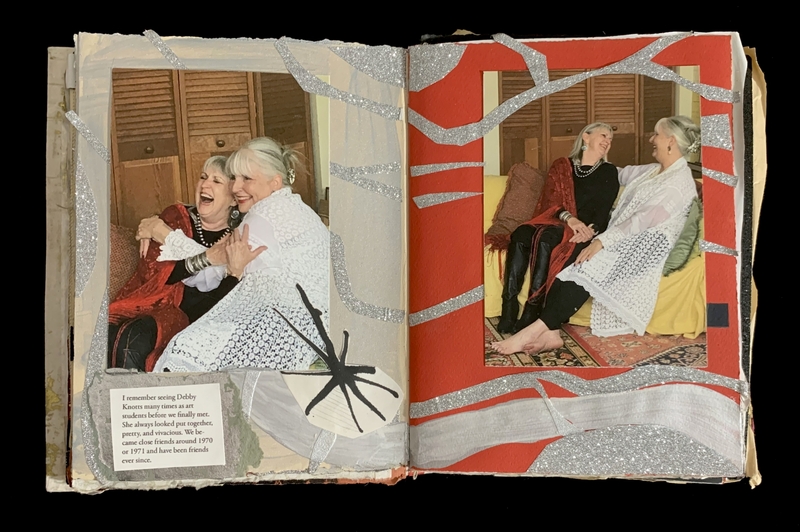 Open scrapbook showing two photos of two women laughing and smiling, decorated with silver glittery strips.