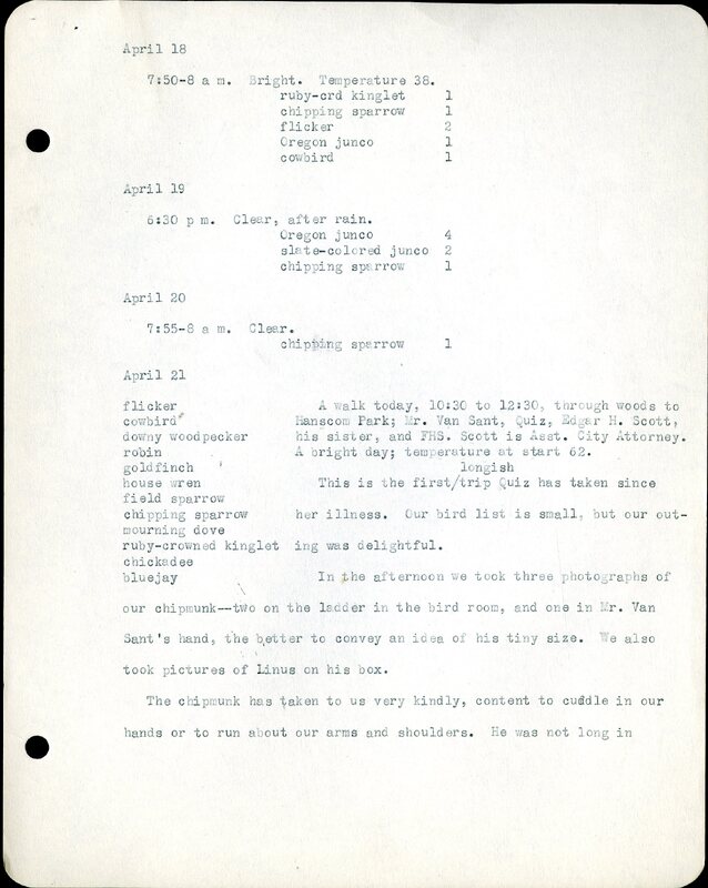 Frank H. Shoemaker typescript, 11 pages, on birds living in bird room in Omaha home with a list of birds in general Omaha region.