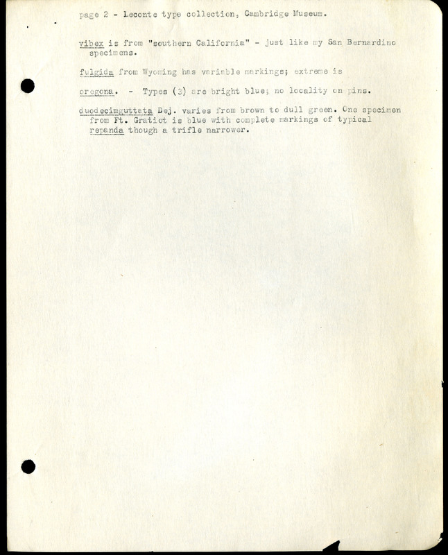 Frank H. Shoemaker typescript, 31 pages, including notes and list on CICINDELIDAE in the Carnegie Museum, Pittsburgh, PN, Nebraska, and his own collection.