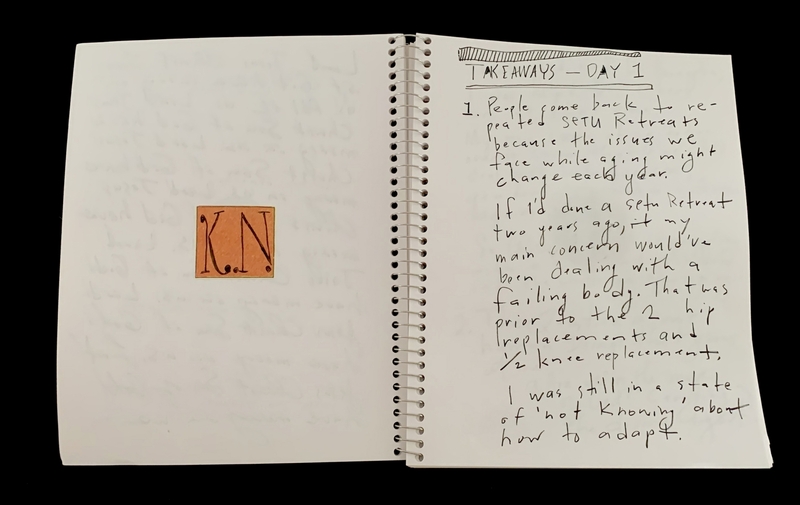 A handwritten page from a notebook titled "TAKEAWAYS - DAY 1" with a decorative initial "K.N." in the top left corner.