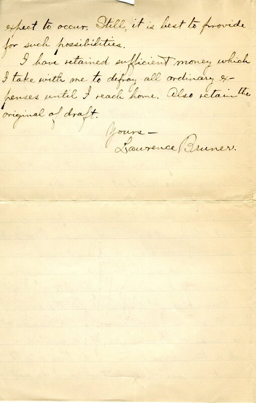 Handwritten 2 page letter from Lawrence Bruner to Marcia Bruner, "I now sit down to write what I suppose is my last letter home from this country."