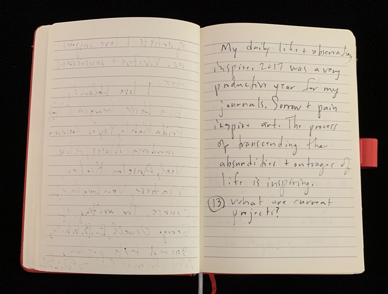 Open notebook with handwritten text discussing inspiration and current projects.