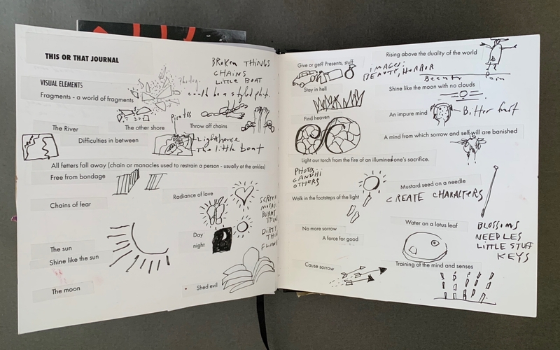 A hand-drawn journal page featuring various sketches, symbols, and handwritten notes related to themes of freedom, light, and spiritual growth.