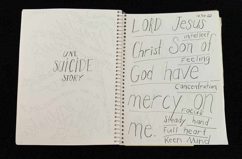 A handwritten page from a notebook with a focus on spiritual and personal reflection, featuring a suicide prevention message and a list of qualities desired.
