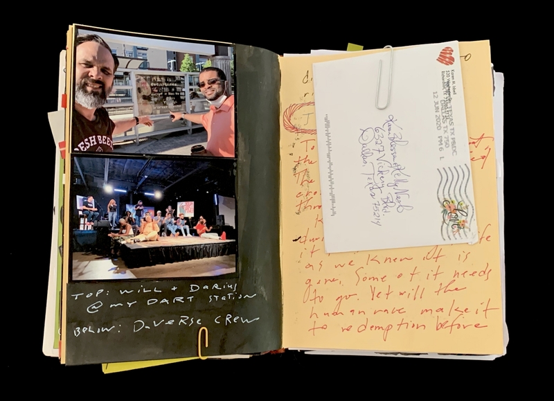 A scrapbook page featuring photographs, handwritten notes, and a postcard.