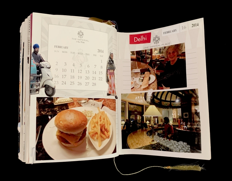 A calendar page from February 2014 featuring photographs and a meal at The Imperial, New Delhi.