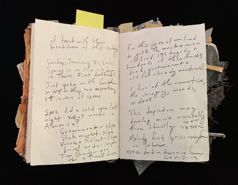 : A handwritten journal entry with various notes and reflections, including references to the COVID-19 pandemic and political commentary.

---