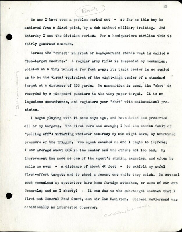 Frank H. Shoemaker typescript, 28 pages, titled "At Fort Riley, Kansas" on activities at Fort Riley between Oct. 12-29, 1903.