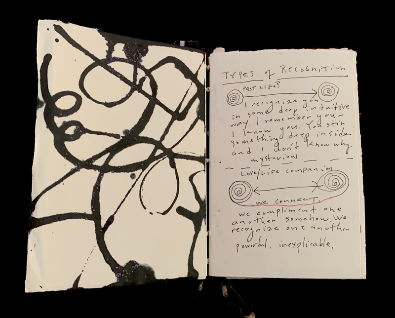 Open sketchbook with abstract black ink patterns on the left and handwritten notes about recognition on the right.