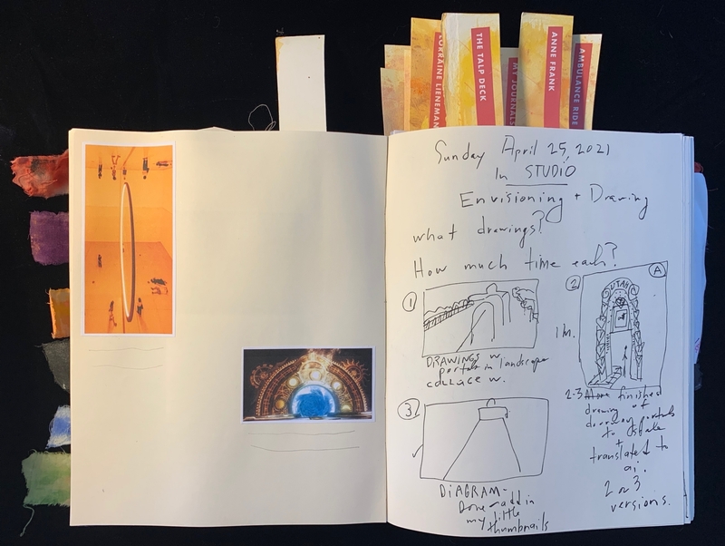 An open journal with images on the left and handwritten notes with sketches on the right.
