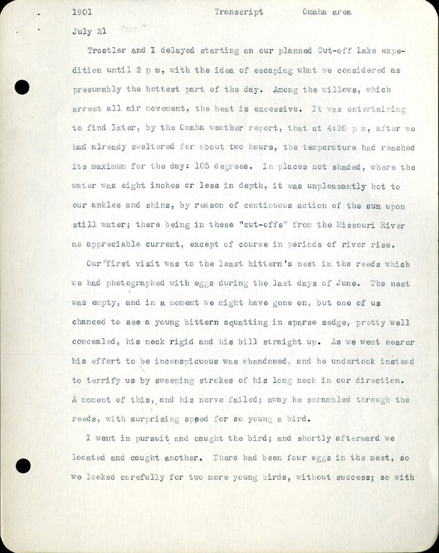Frank H. Shoemaker typescript,  8 pages, on field trips in Omaha, Nebraska, and area referred to as Cut-Off Lake.