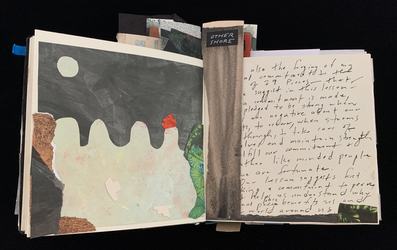 Open book with abstract collage and handwritten text, titled "OTHER SHORE."
