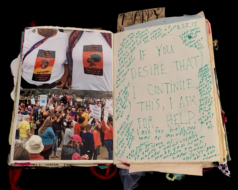 A collage of protest images and handwritten notes, emphasizing themes of activism and support.