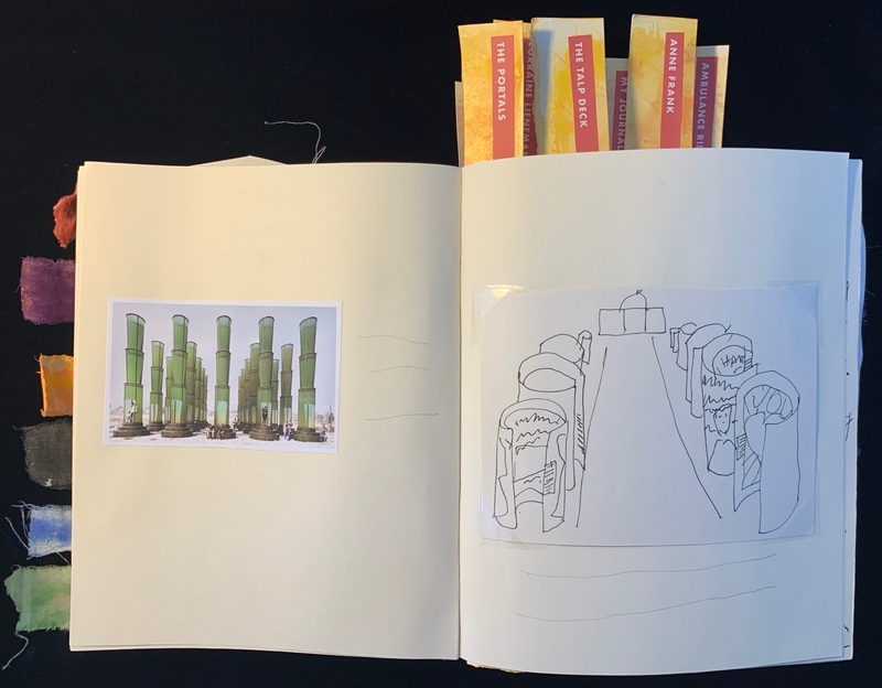 Open journal with an illustration of green cylindrical towers on the left page and a sketch of a hallway with cylindrical columns on the right page.