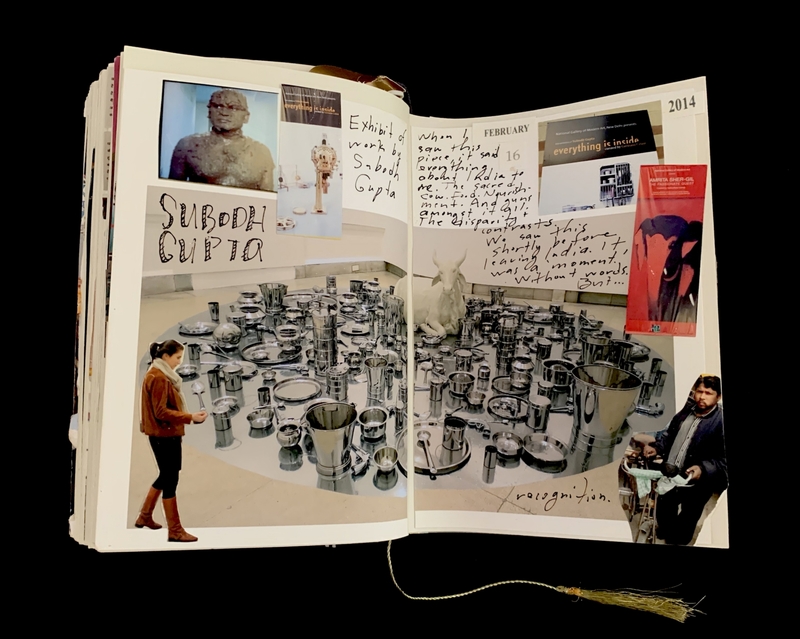 A scrapbook page featuring an exhibit of Subodh Gupta's work, with handwritten notes and photographs.