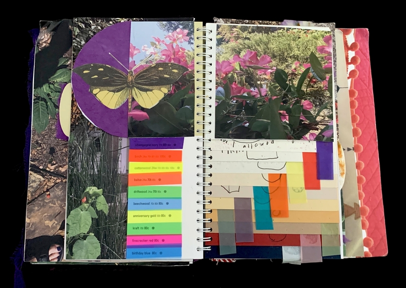 A vibrant scrapbook page featuring a butterfly, colorful paper samples, and floral photographs.