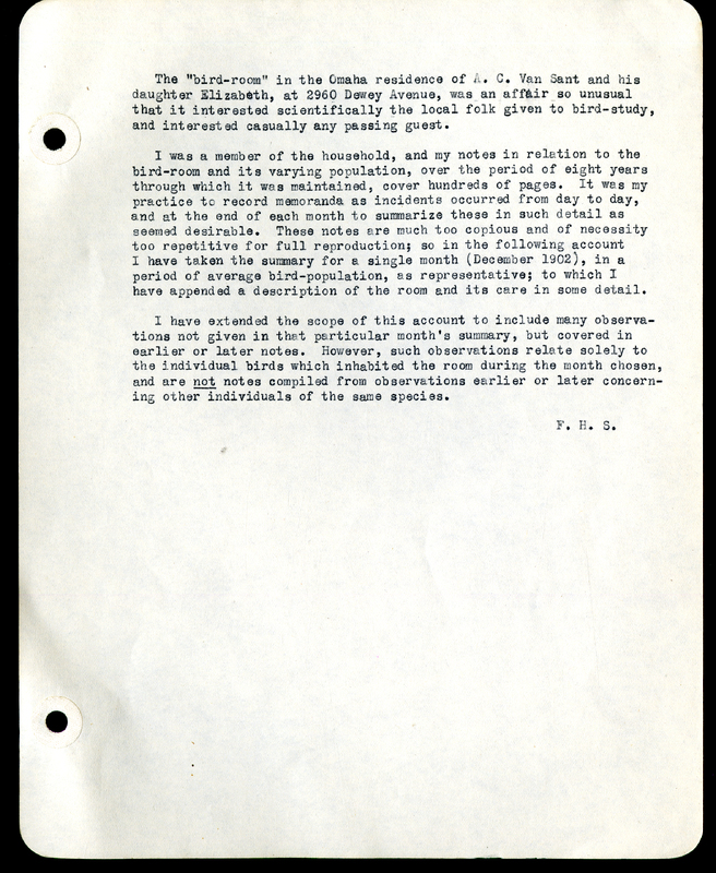 Frank H. Shoemaker typescript narrative, 29 pages,  on the bird room in Omaha home, with details on bird and insects.
