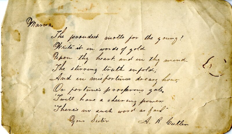Handwritten 1 page letter from A. R. Cutler to Marcia Bruner, "The proudest motto for the young! Write it in words…"