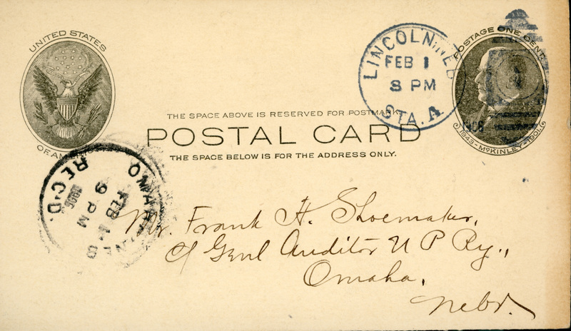Handwritten postcard from Robert H. Wolcott to Frank H. Shoemaker, "Working hard on my president's address..."