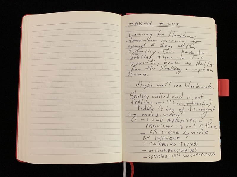 Open notebook with handwritten notes on the right page dated March 4, 2018.