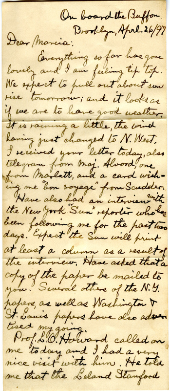 Handwritten 3 page letter from Lawrence Bruner to Marcia Bruner, "Everything so for has gone lovely and I am feeling tip top."
