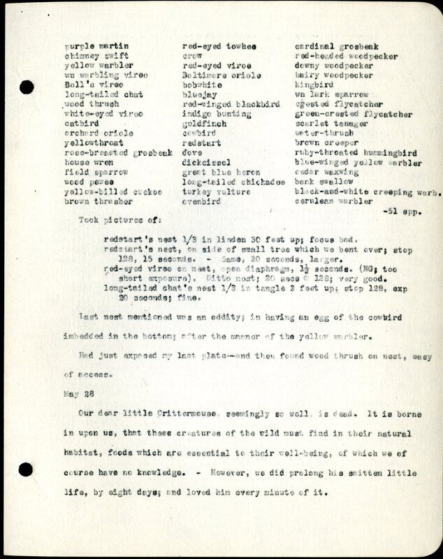 Frank H. Shoemaker typescript, 8 pages, detailing bird sightings, field trips, photography, and associated activities in Omaha, Nebraska.