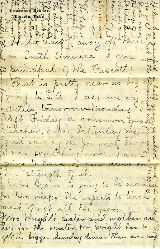 Handwritten 6 page letter from Marcia Bruner to Lawrence Bruner, "It is again Sunday and I thought I would write to you…"