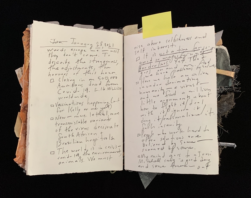 A handwritten journal entry dated January 28, 2021, discussing the impact of the COVID-19 pandemic and reflections on societal challenges.