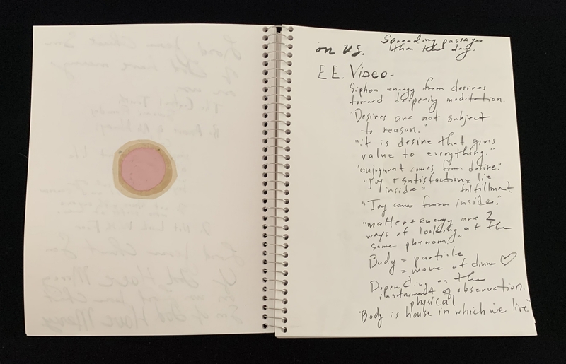 A handwritten notebook page with a circular pink sticker and notes on meditation and desires.