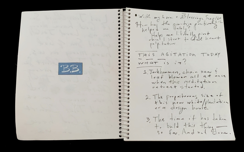 A handwritten page from a spiral-bound notebook with a blue square containing "BB" and some notes about agitation and meditation retreats.