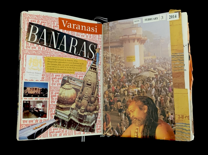 Open journal spread with collage about Banaras on the left and a photo of a crowded riverside scene on the right.