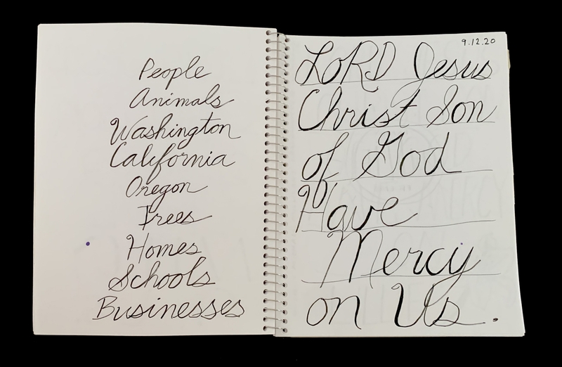 A handwritten page from a spiral notebook listing various topics and a prayer.