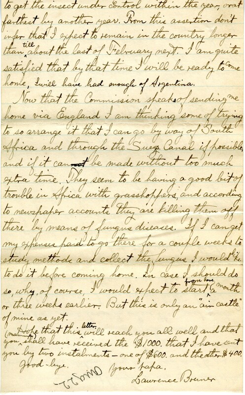 Handwritten 6 page letter from Lawrence Bruner to Helen, "I believe that I will write this letter to you because the last wasto Psyche or Mamma..."