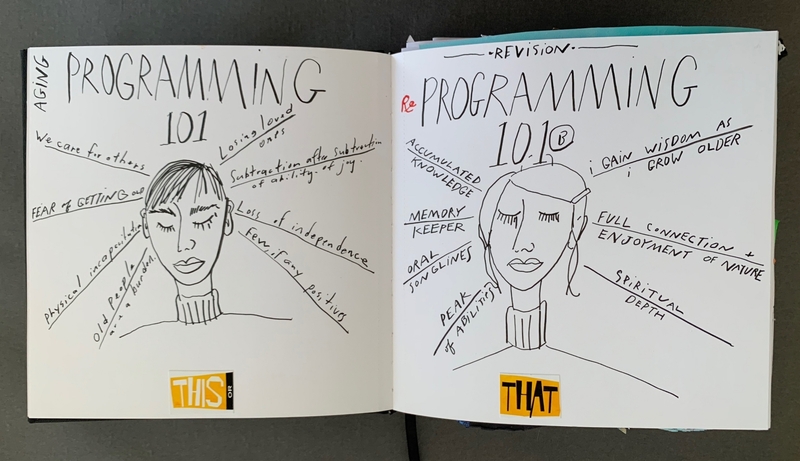 A hand-drawn journal page comparing "Programming 101" and "Re-Programming 101" with annotations about aging and personal growth.