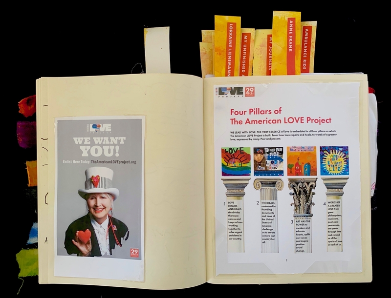 Open journal with a recruitment poster on one page and "Four Pillars of The American LOVE Project" details on the other.